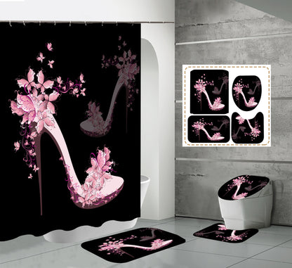 High Heels Design Shower Curtain Set Bathroom Rug Bath Mat Non-Slip Toilet Lid Cover