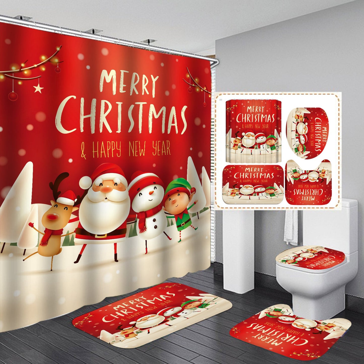 Happy Merry Christmas Shower Curtain Bathroom Sets Non-Slip Toilet Lid Cover