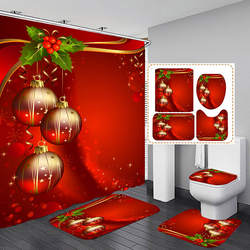 Merry Christmas Balloon Shower Curtain Bathroom Sets Non-Slip Toilet Lid Cover
