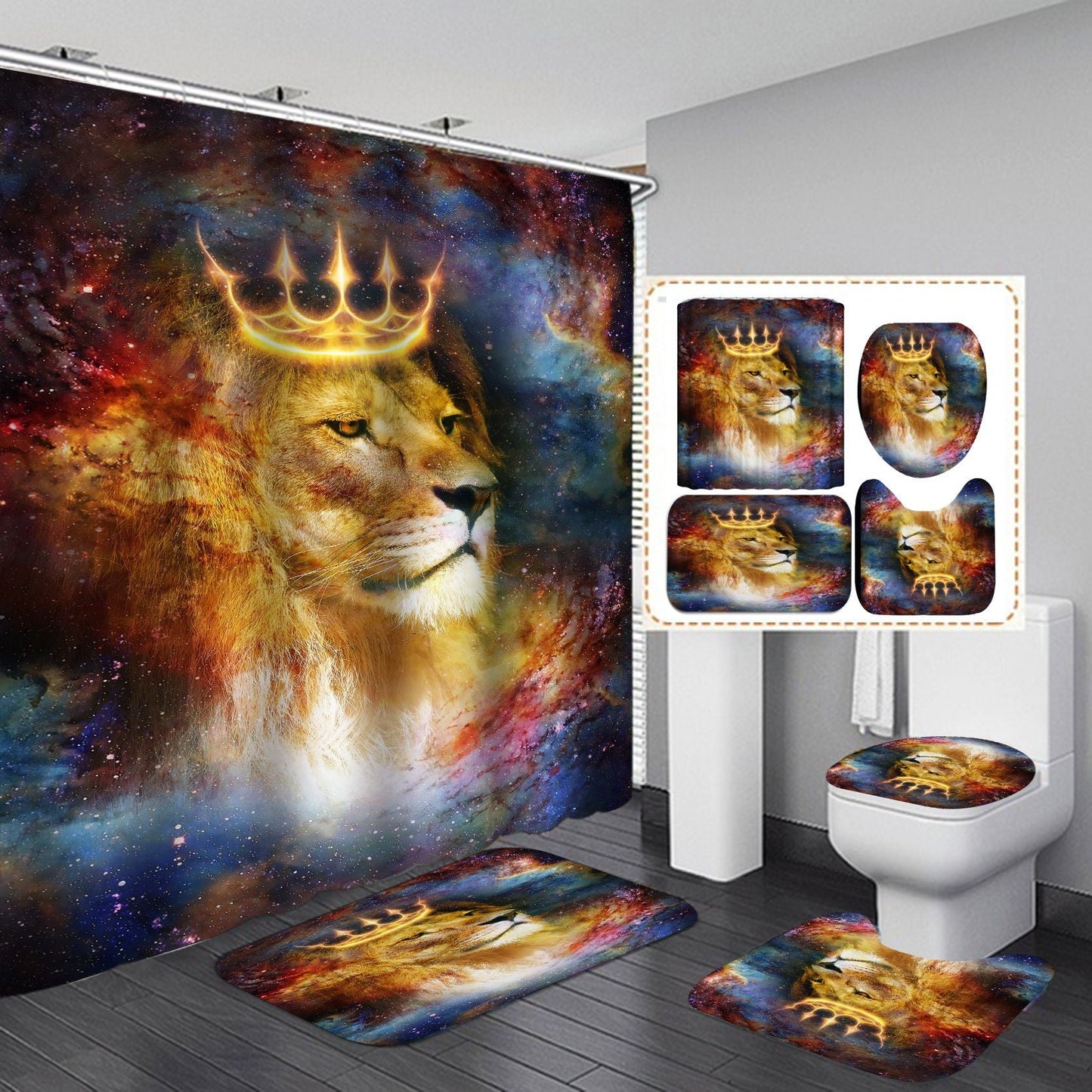 3D Lion Design Shower Curtain Bathroom SetsNon-Slip Toilet Lid Cover