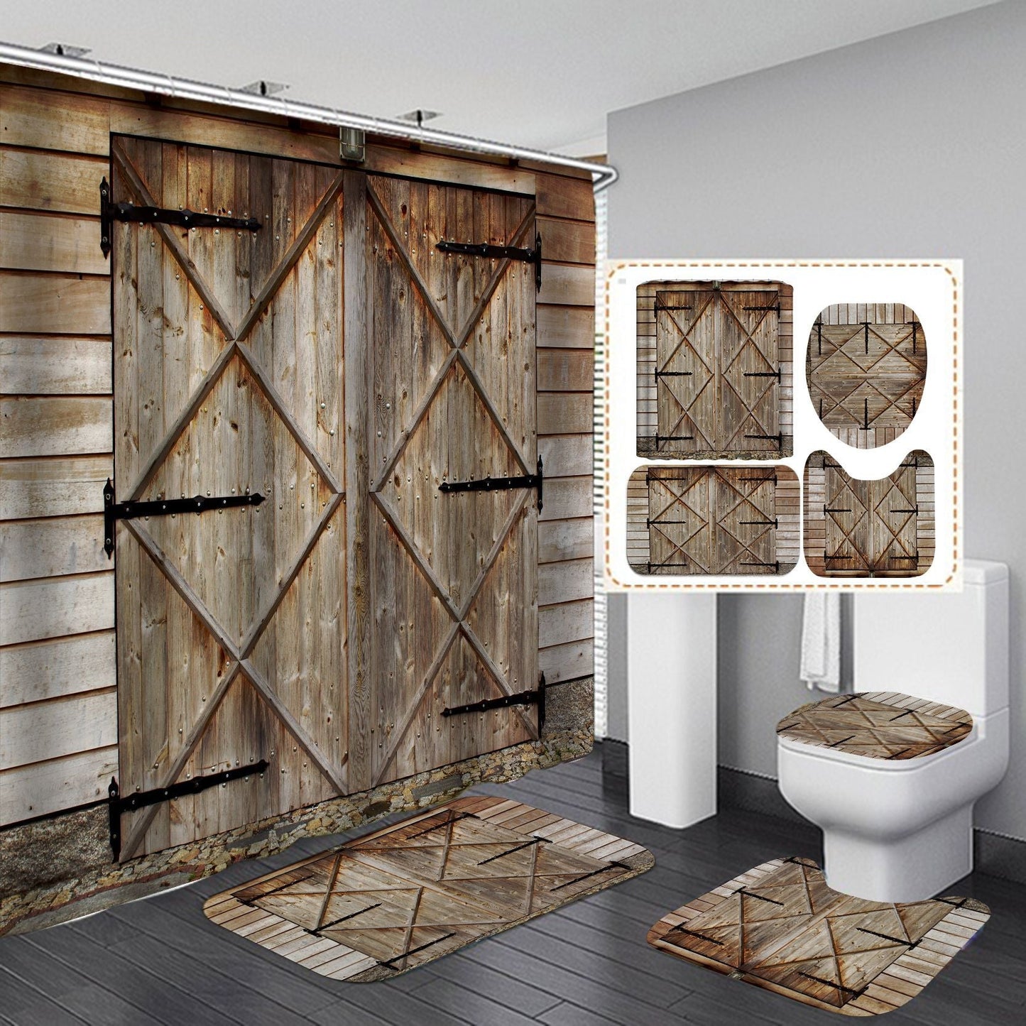 Vintage Wooden Door Design Shower Curtain Bathroom SetsNon-Slip Toilet Lid Cover