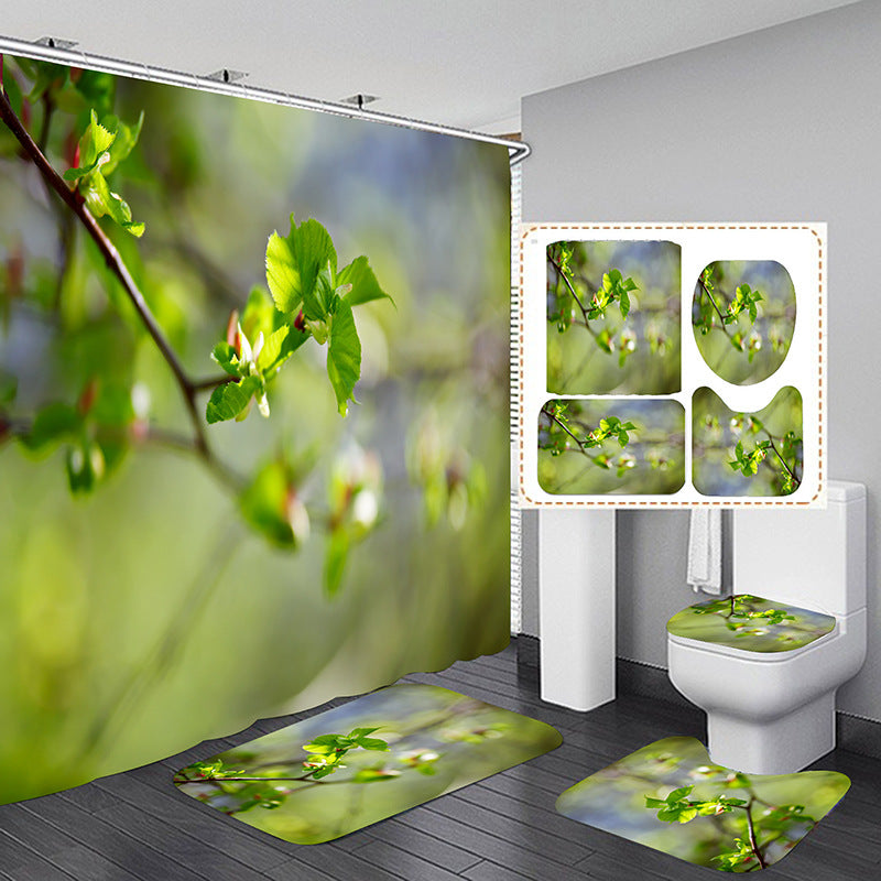 Spring Green Bud Shower Curtain Set Bathroom Rug Bath Mat Non-Slip Toilet Lid Cover