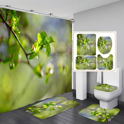 Spring Green Bud Shower Curtain Set Bathroom Rug Bath Mat Non-Slip Toilet Lid Cover