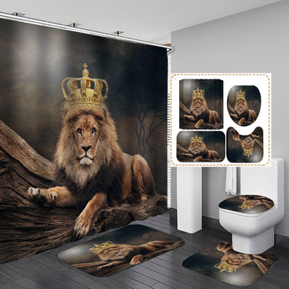 3D Lion Design Shower Curtain Bathroom SetsNon-Slip Toilet Lid Cover