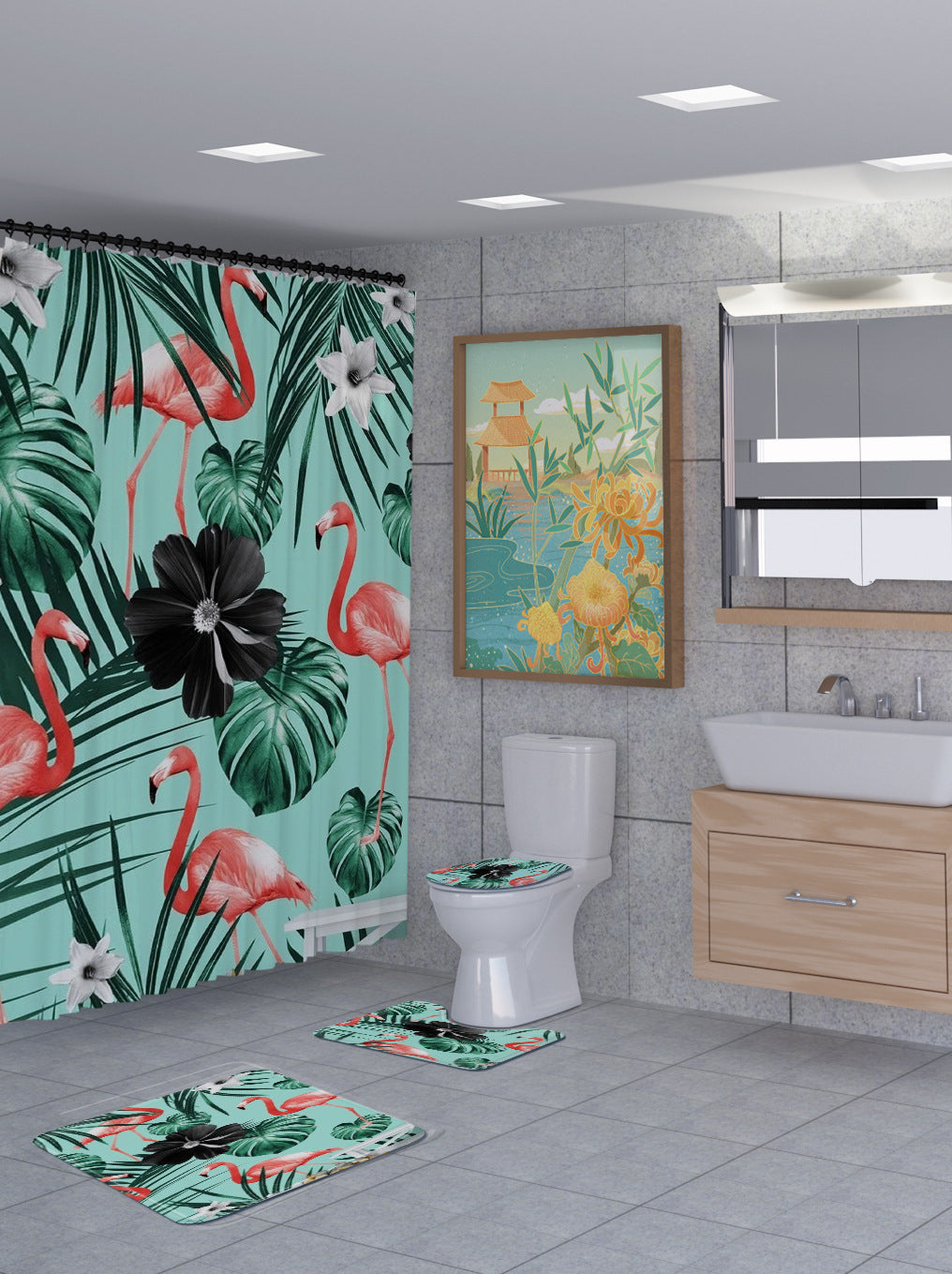 3D Flamingo Shower Curtain Set Bathroom Rug Bath Mat Non-Slip Toilet Lid Cover