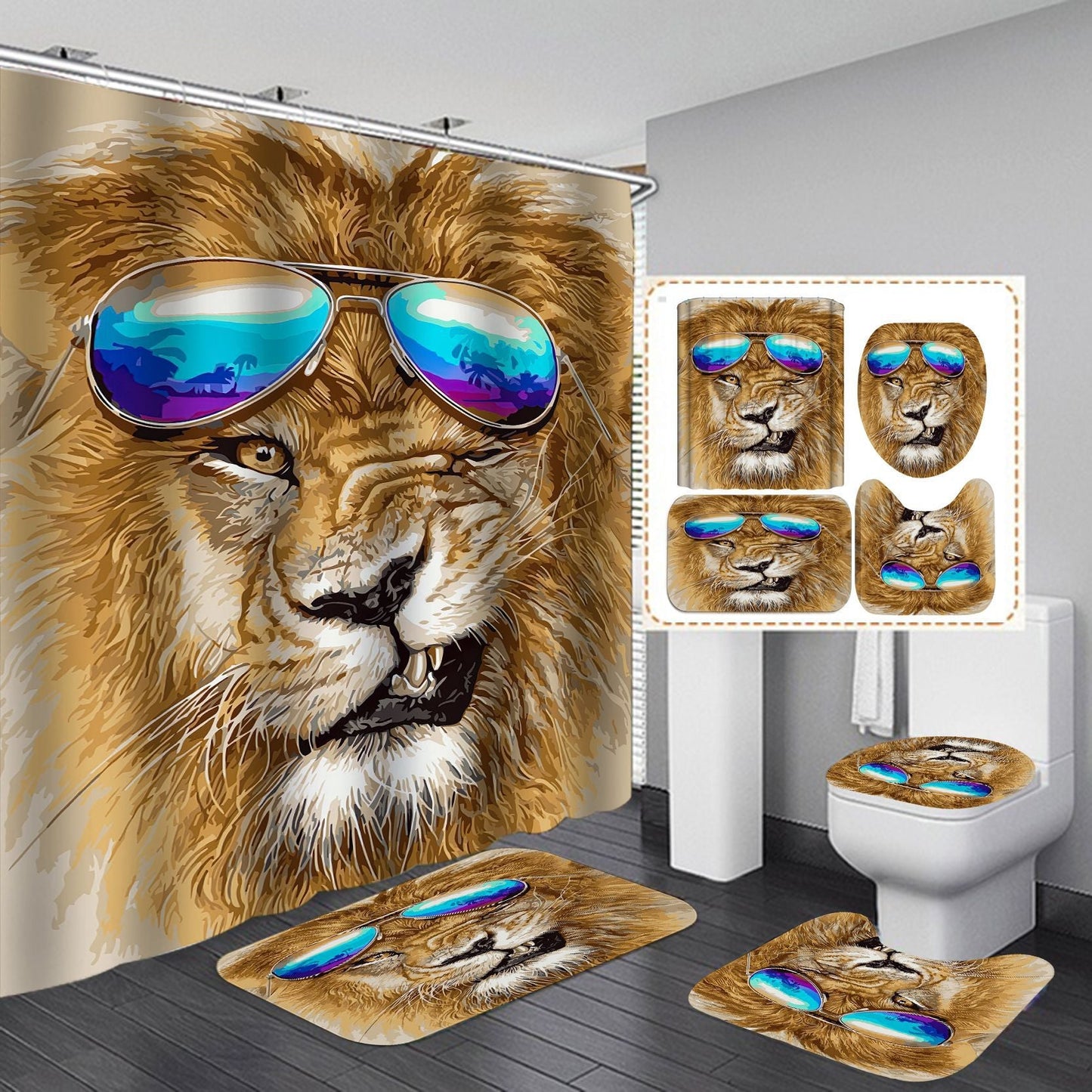 3D Lion Design Shower Curtain Bathroom SetsNon-Slip Toilet Lid Cover