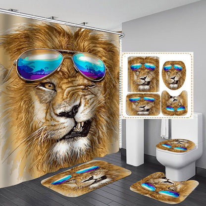 3D Lion Design Shower Curtain Bathroom SetsNon-Slip Toilet Lid Cover