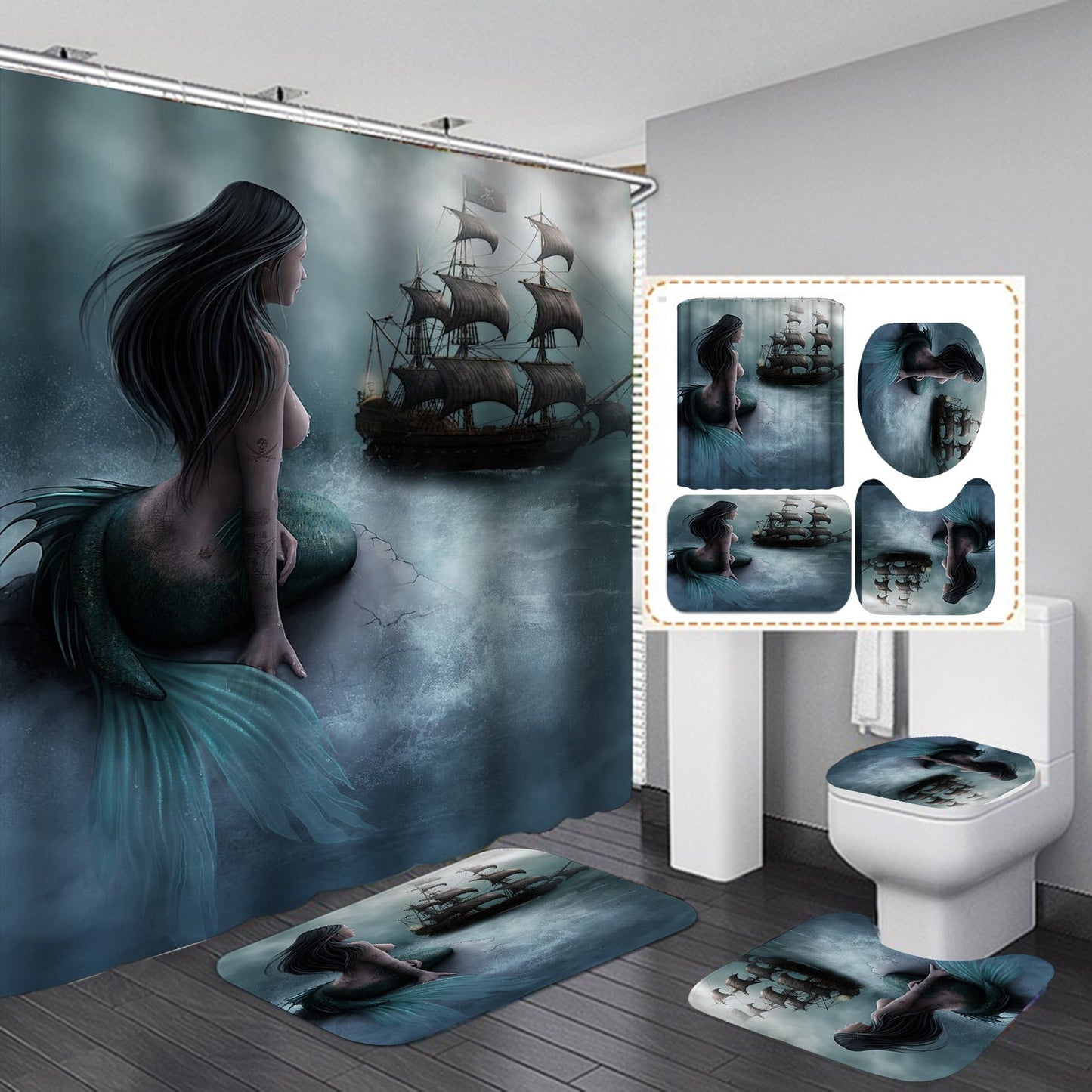 Cartoon Mermaid Design Shower Curtain Bathroom SetsNon-Slip Toilet Lid Cover