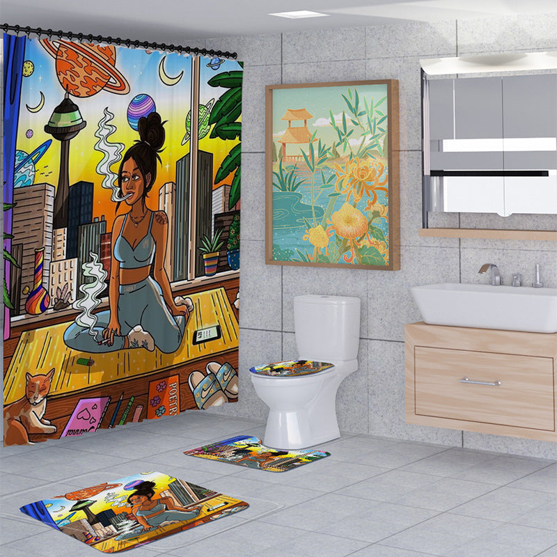 African Women Shower Curtain Set Bathroom Rug Bath Mat Non-Slip Toilet Lid Cover