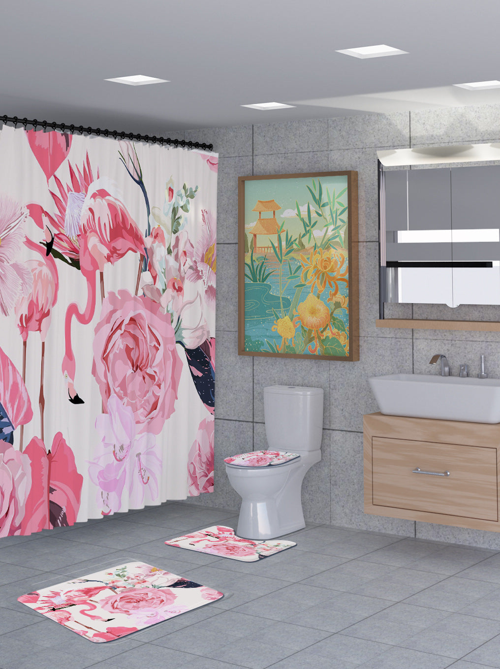 3D Flamingo Shower Curtain Set Bathroom Rug Bath Mat Non-Slip Toilet Lid Cover