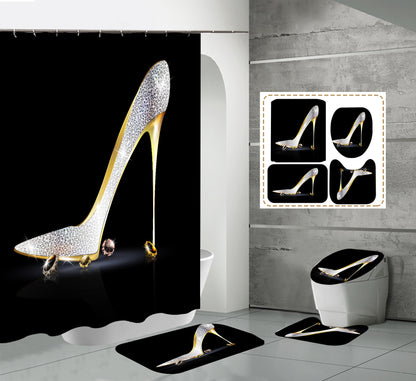 High Heels Design Shower Curtain Set Bathroom Rug Bath Mat Non-Slip Toilet Lid Cover