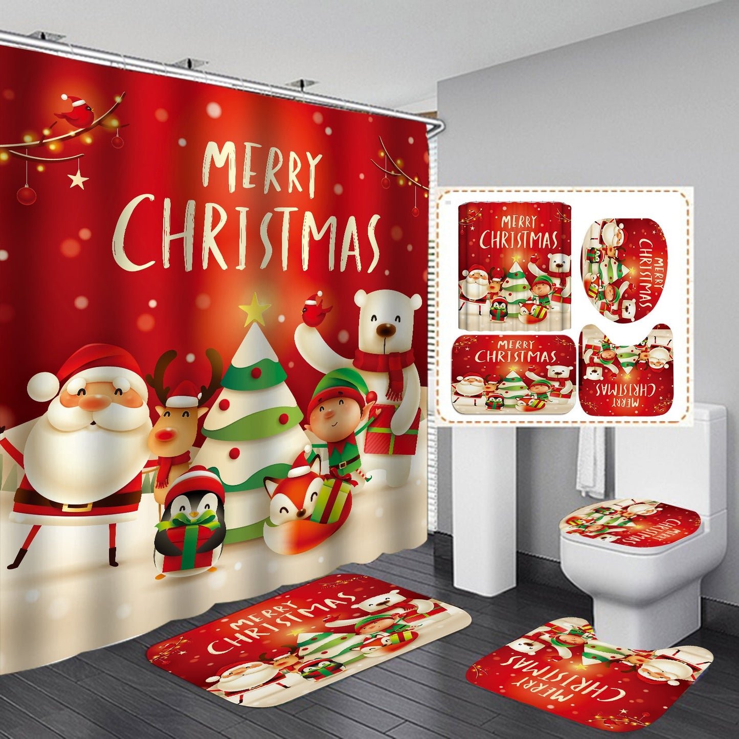 Happy Merry Christmas Shower Curtain Bathroom Sets Non-Slip Toilet Lid Cover