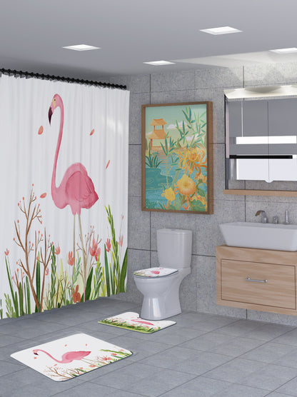3D Flamingo Shower Curtain Set Bathroom Rug Bath Mat Non-Slip Toilet Lid Cover