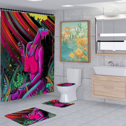 African Women Shower Curtain Set Bathroom Rug Bath Mat Non-Slip Toilet Lid Cover