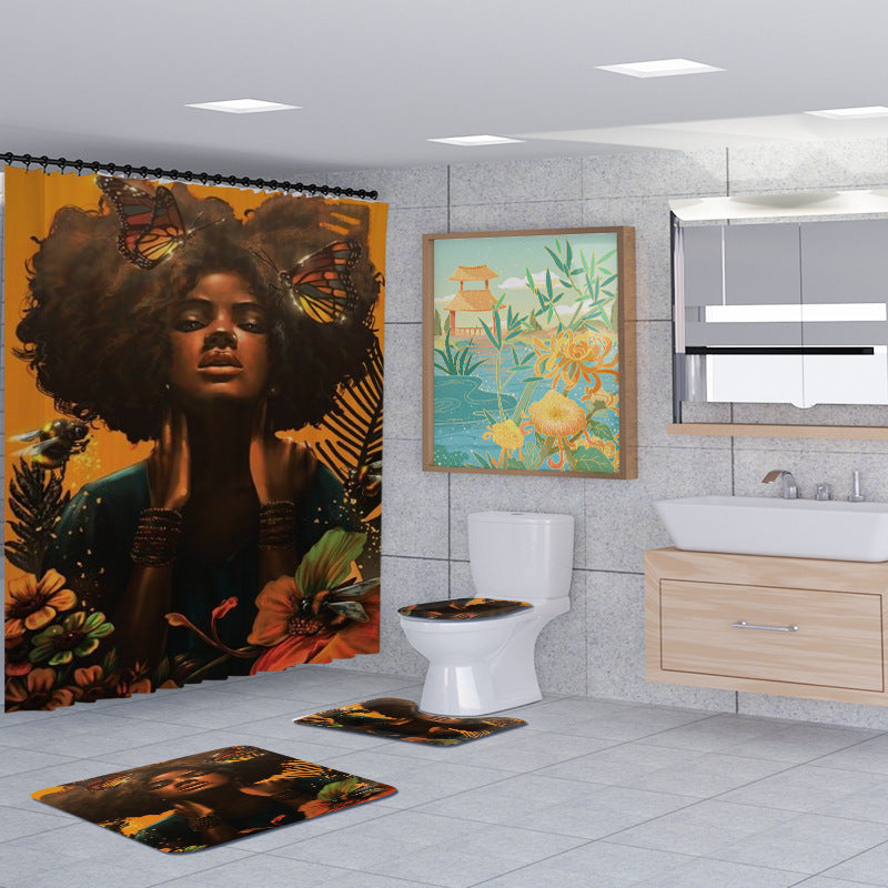 African Girl Shower Curtain Set Bathroom Rug Bath Mat Non-Slip Toilet Lid Cover