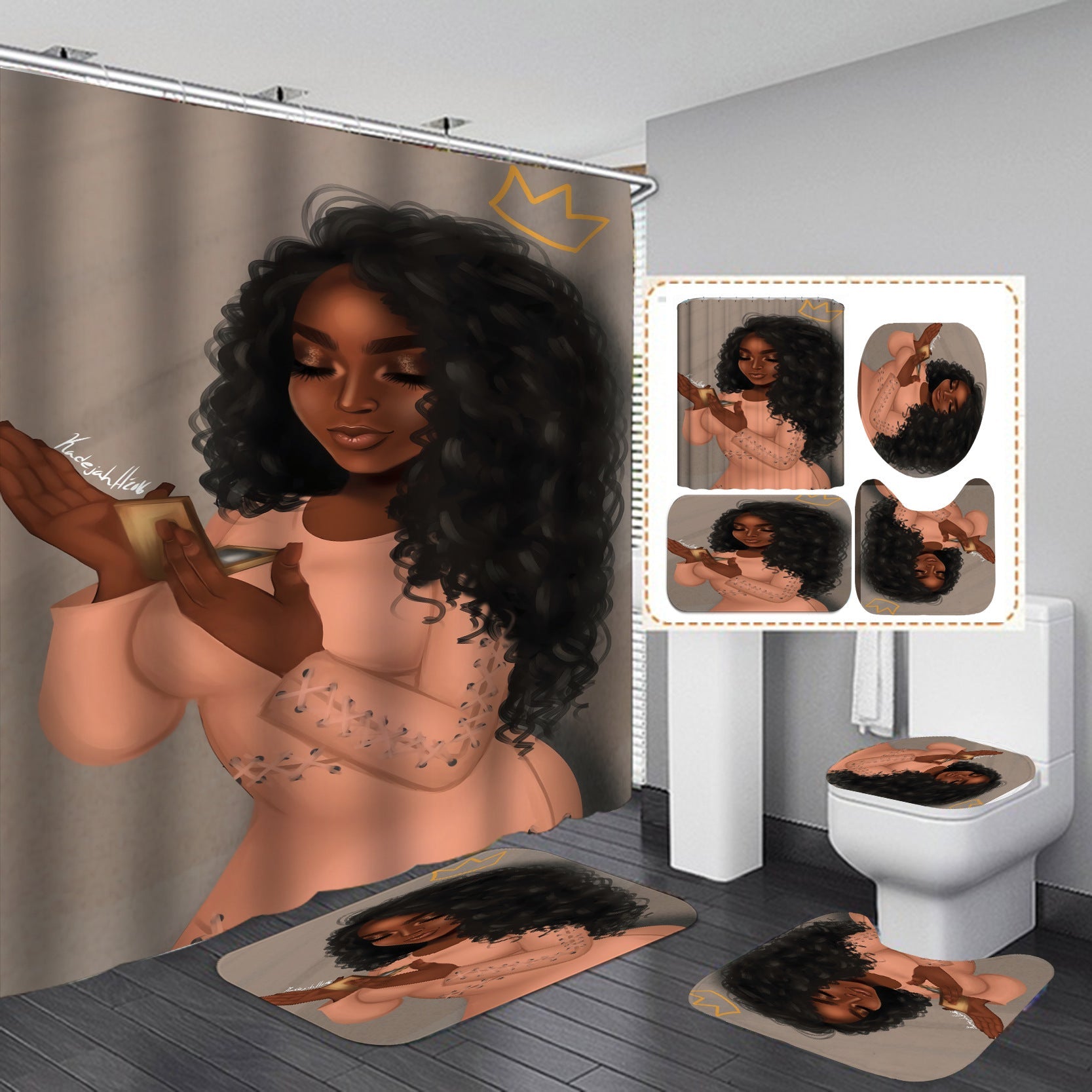 Beautiful Girl Design Shower Curtain Bathroom SetsNon-Slip Toilet Lid Cover