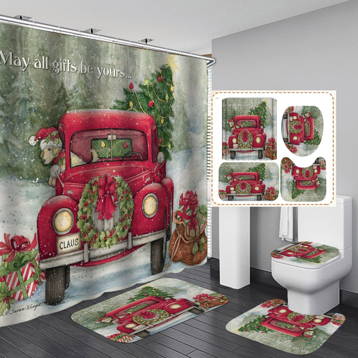 Merry Christmas Santa Claus Shower Curtain Bathroom SetsNon-Slip Toilet Lid Cover