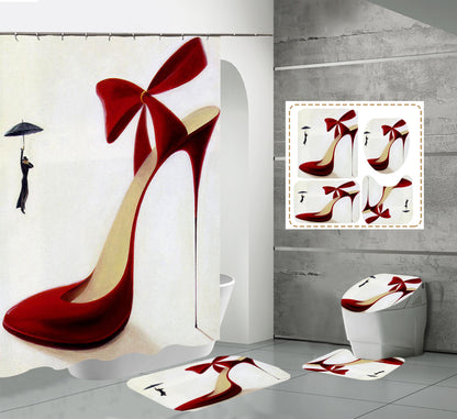 High Heels Design Shower Curtain Set Bathroom Rug Bath Mat Non-Slip Toilet Lid Cover