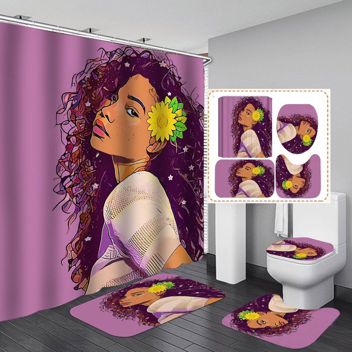 Beautiful Girl Design Shower Curtain Bathroom SetsNon-Slip Toilet Lid Cover