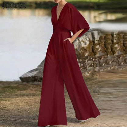 Elegant V Neck Office Lady Plus Size Women Rompers-STYLEGOING