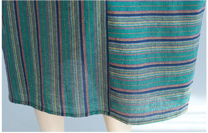 Vintage Green Linen Striped Asymmetrical Short Dresses