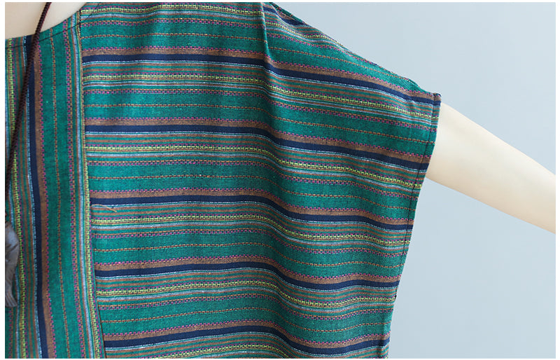 Vintage Green Linen Striped Asymmetrical Short Dresses