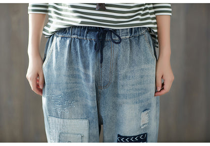 Casual Elastic Waist Cropped Jeans for Women