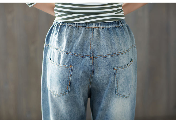 Casual Elastic Waist Cropped Jeans for Women