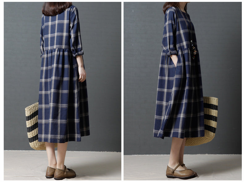 Vintage Linen Plaid Women Plus Sizes Long Dresses