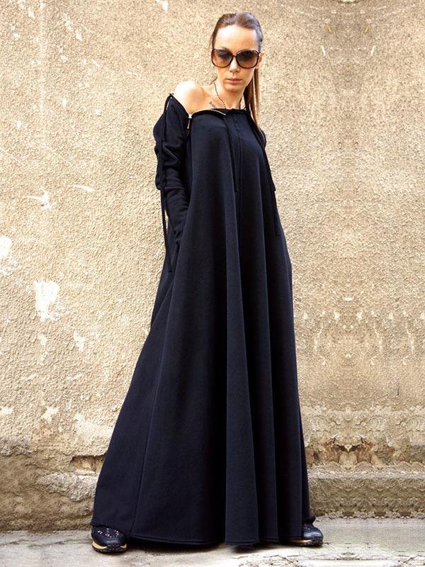 Split-Joint Long Sleeves Zipper Maxi Dress-STYLEGOING