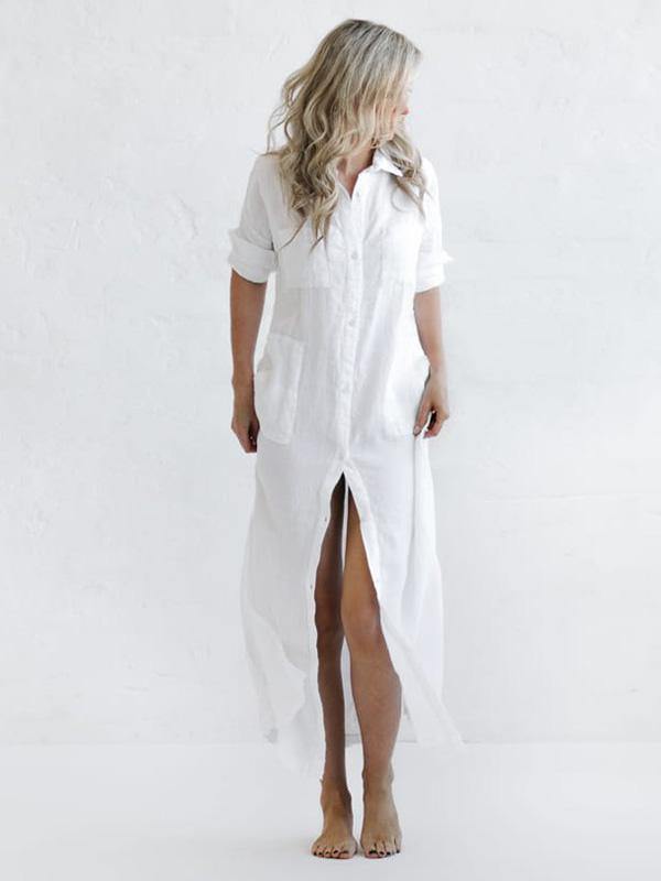 Simple Split-Side Lapel Long Shirt Dress-STYLEGOING