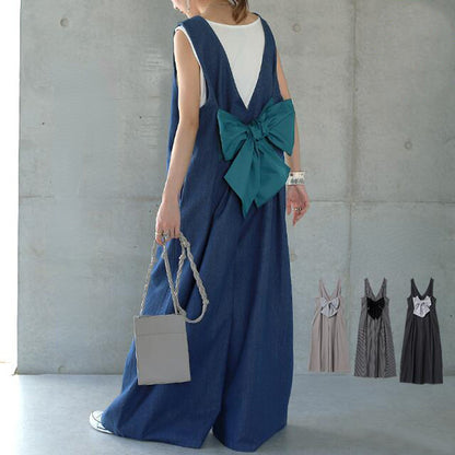 Leisure Wide Legs Rompers with Bow Design