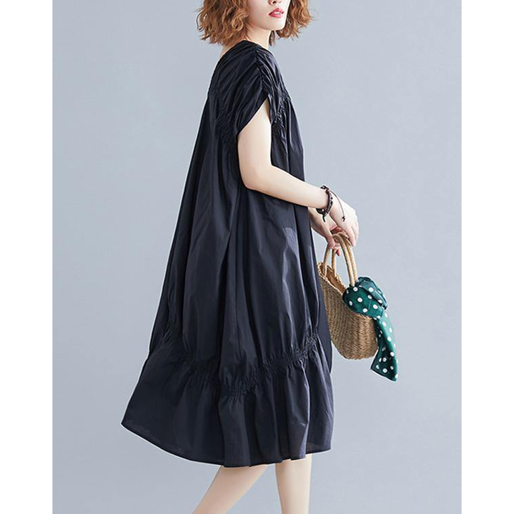 Black Loose Drawstring Ruffled Midi Dress-STYLEGOING