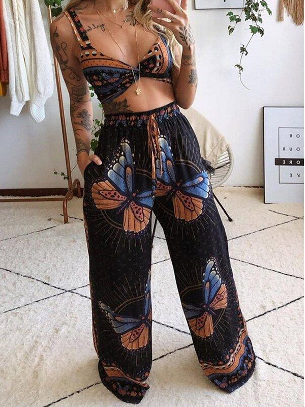Two-Piece Butterfly Bare Midriff Wide Leg Suit-STYLEGOING