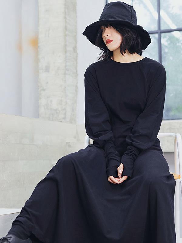 Vintage Solid Long Sleeve Dress-STYLEGOING