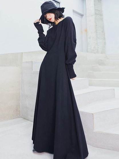 Vintage Solid Long Sleeve Dress-STYLEGOING