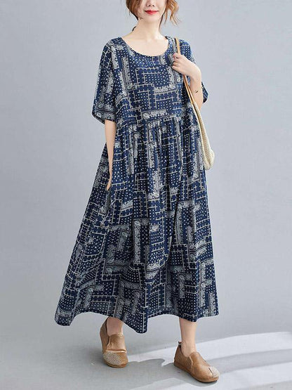 Retro Short Sleeve Round-Neck Long Dresses-STYLEGOING