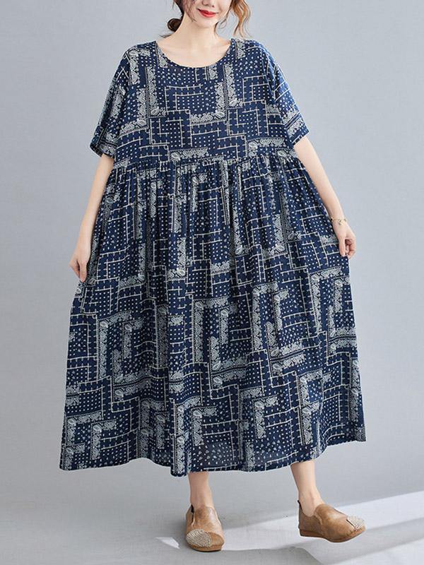 Retro Short Sleeve Round-Neck Long Dresses-STYLEGOING