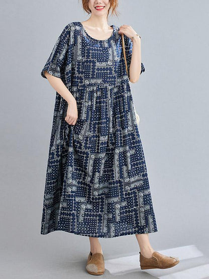 Retro Short Sleeve Round-Neck Long Dresses-STYLEGOING