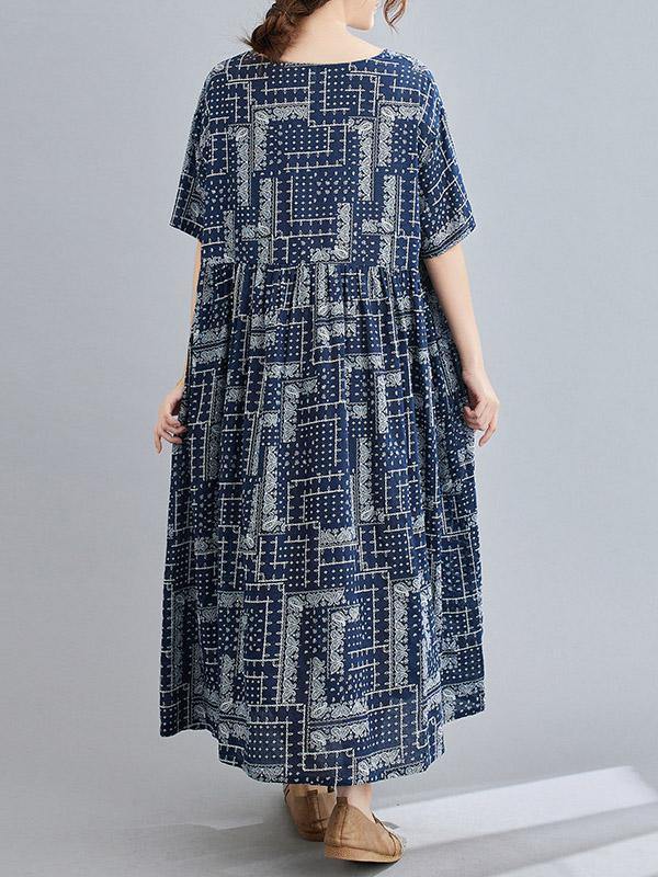 Retro Short Sleeve Round-Neck Long Dresses-STYLEGOING