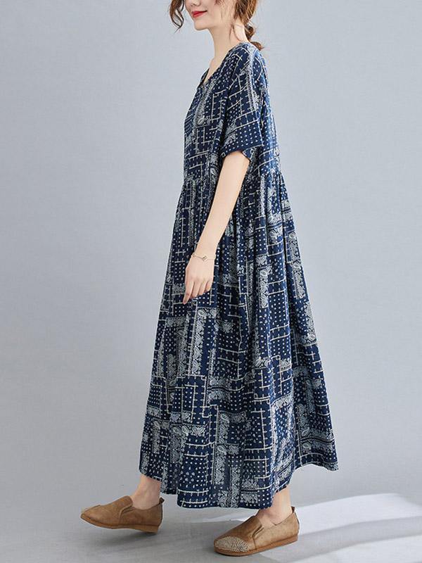 Retro Short Sleeve Round-Neck Long Dresses-STYLEGOING