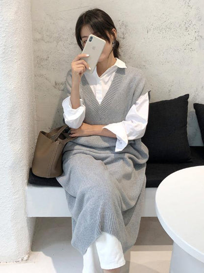 Knitting Loose V-Neck Sleeveless Long Dress-STYLEGOING