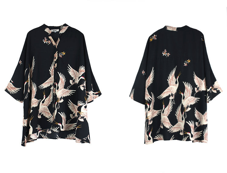 Summer Red-crowned Crane Designed Plus Sizes Women Shirts