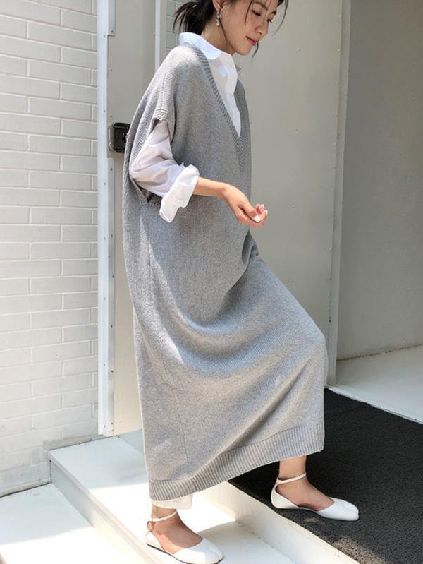 Knitting Loose V-Neck Sleeveless Long Dress-STYLEGOING