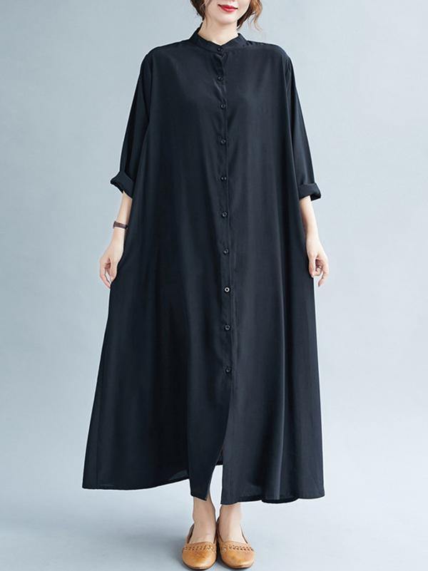 lSolid Round-Neck Shirts Long Dress-STYLEGOING
