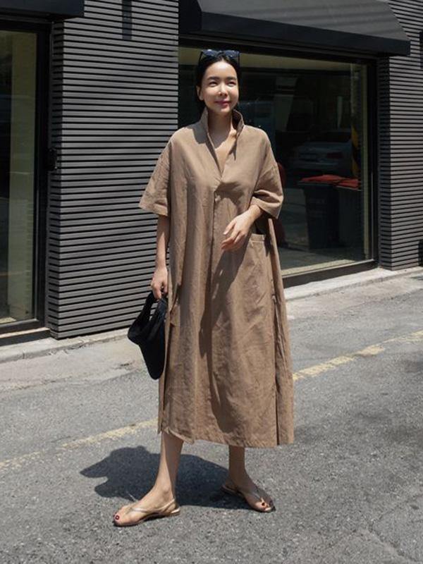 Casual Cozy Cotton Split-Side Long Dress-STYLEGOING