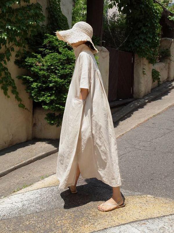 Casual Cozy Cotton Split-Side Long Dress-STYLEGOING