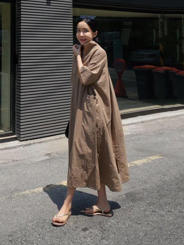 Casual Cozy Cotton Split-Side Long Dress-STYLEGOING