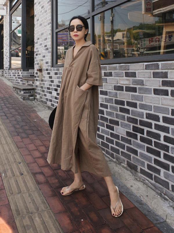 Casual Cozy Cotton Split-Side Long Dress-STYLEGOING