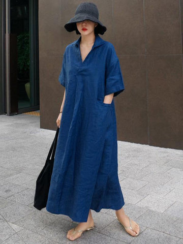 Casual Cozy Cotton Split-Side Long Dress-STYLEGOING